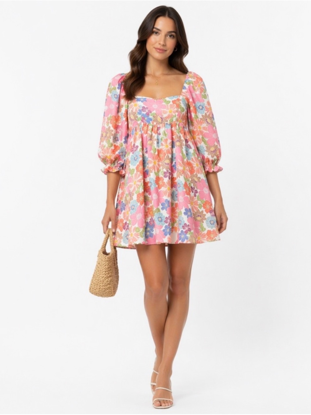 Storia Floral Puff Sleeve Babydoll Mini Dress Size S Garden Party Spring Floral